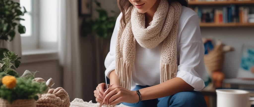 woman sat at desk crocheting a scarf