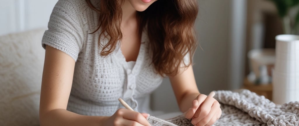 woman sat down in home stitching a scarf