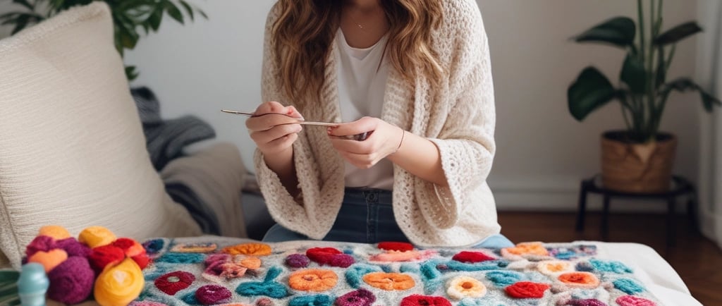 woman making a crochet flower pattern for her scarf