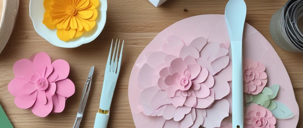 utensils for making paper flowers on table top