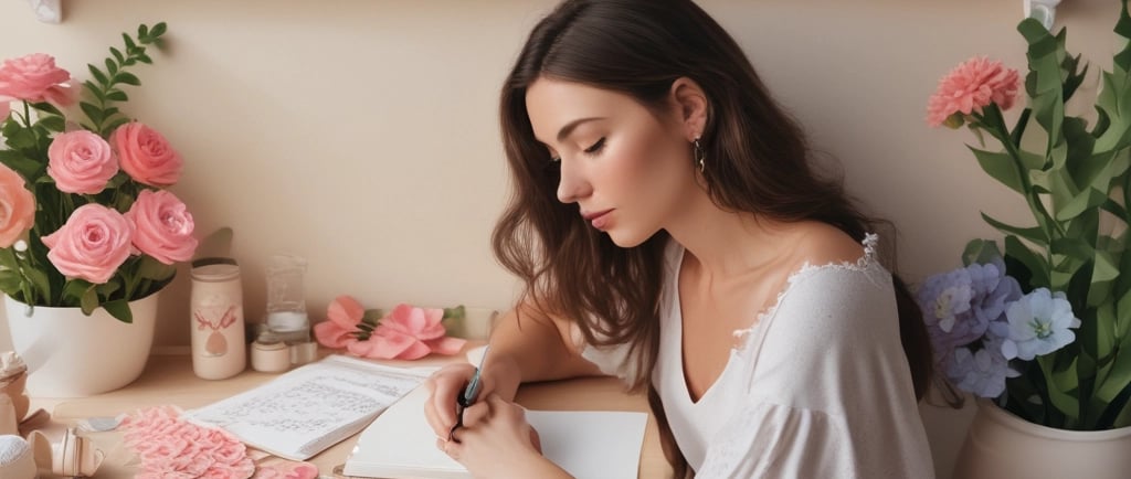 woman sat at desk writing in book near 3d paper flowers