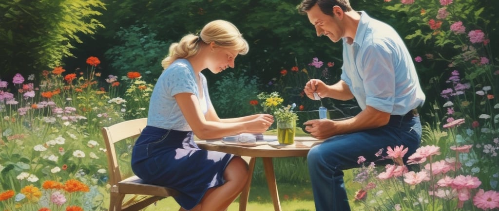 man and woman in summer garden sat at table painting flowers