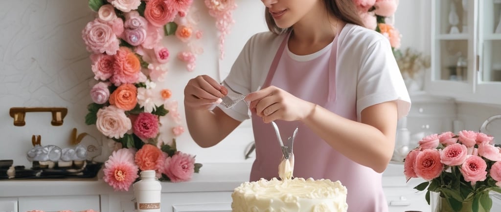 woman piping buttercream flowers