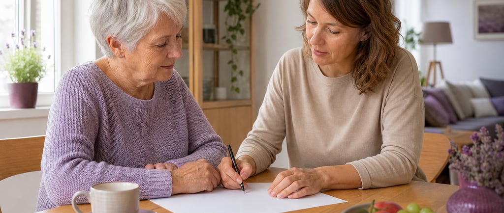 Seniorin plant mit einer Alltagshilfe die Unterstützung zu Hause