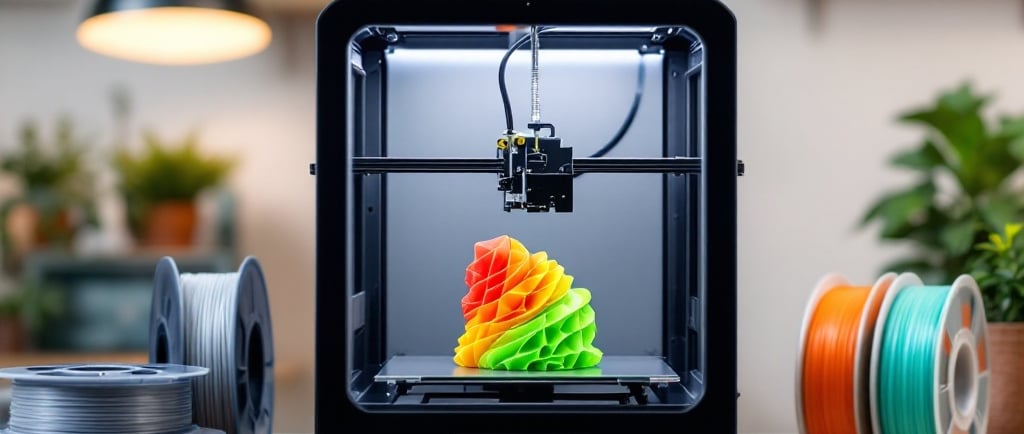 a 3d printer printer on a table with a pile of spools