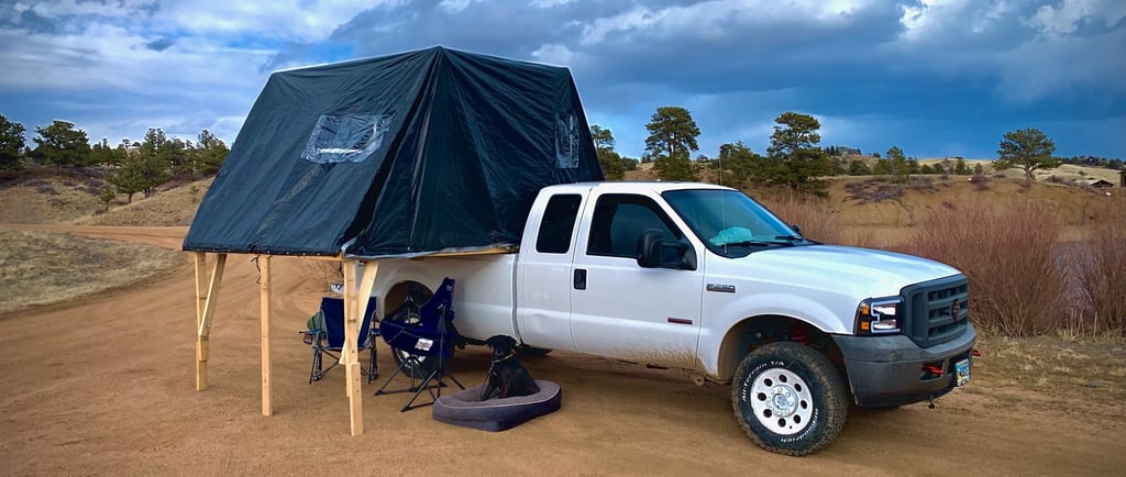 Truck-Bed Mounted Overland Tent deployed on a 2005 f250