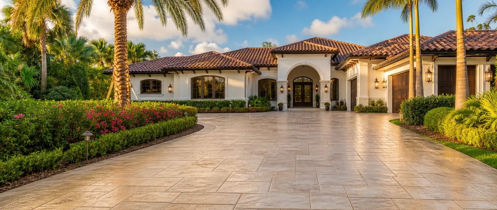 Freshly stamped concrete driveway at a residential home in Coral Gables, FL with lush tropical landscaping