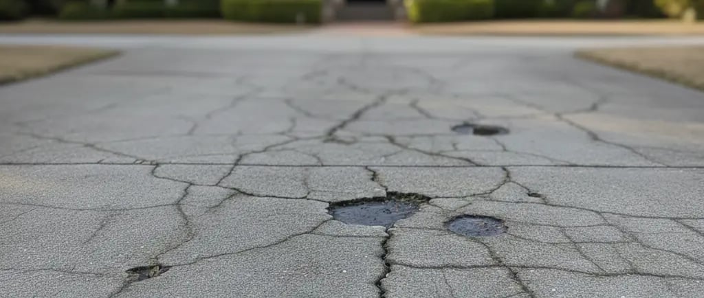 Worn concrete driveway showing visible cracks, surface wear, small potholes, and discoloration.