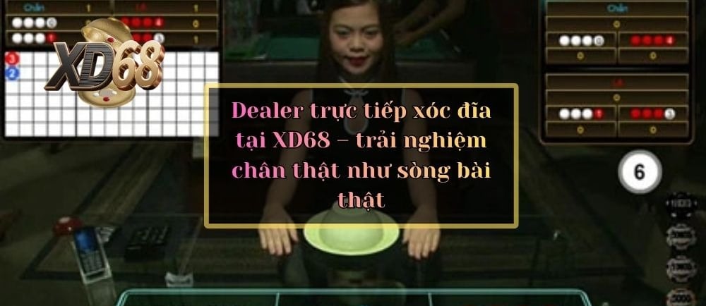 Dealer nữ mặc váy đỏ hoặc đen sang trọng, đang cầm đĩa xóc, phía sau là bàn cược và giao diện XD68.