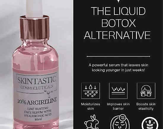 Skintastic 20% Argireline face serum bottle next to a list of anti-aging skincare benefits.