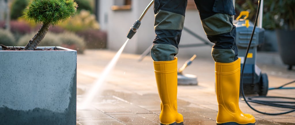 Un expert portant des bottes jaunes utilise un nettoyeur HP pour nettoyer une terrasse en pierre.