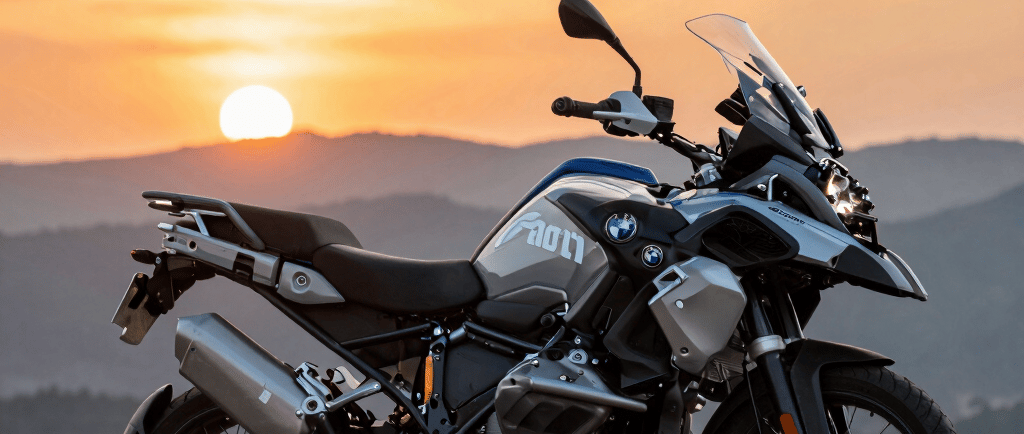 A sleek motorcycle parked on a winding mountain road at sunset, with a gourmet meal set up nearby.
