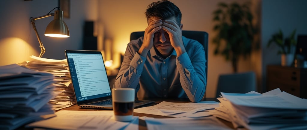 Overwhelmed business owner at desk with laptop surrounded by paperwork discovering AI automation sol