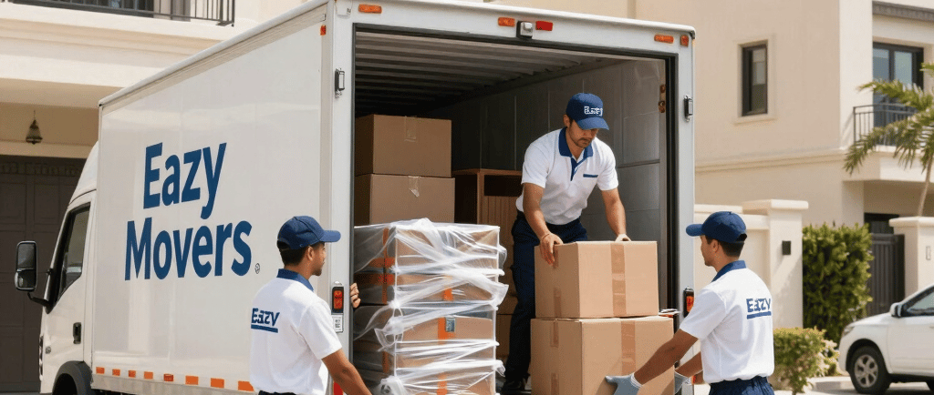 Professional movers of Eazy Movers truck outside a house.