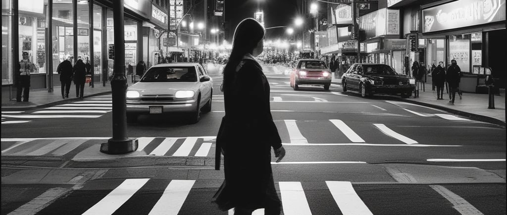 a person crossing a signalized intersection at night