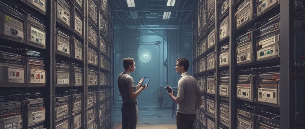 two men standing in a large room with a large amount of electronics