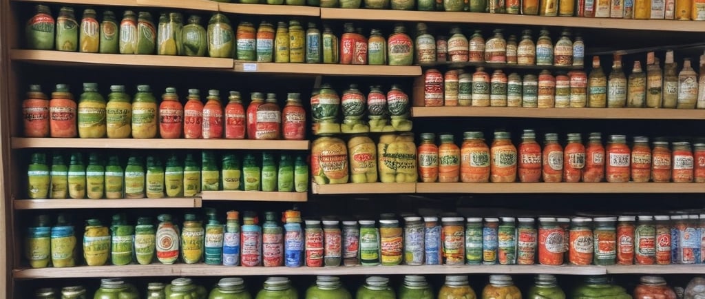 A person wearing dark clothing and a mask examines a green item in a small, cozy store. The store features a wooden table covered with various products, including packaged food items in colorful boxes, jars, and baskets. Shelves filled with more products line the wall behind the table, displaying jars, boxes, and bottles. Two hanging lights illuminate the area, giving it a warm and inviting feel.