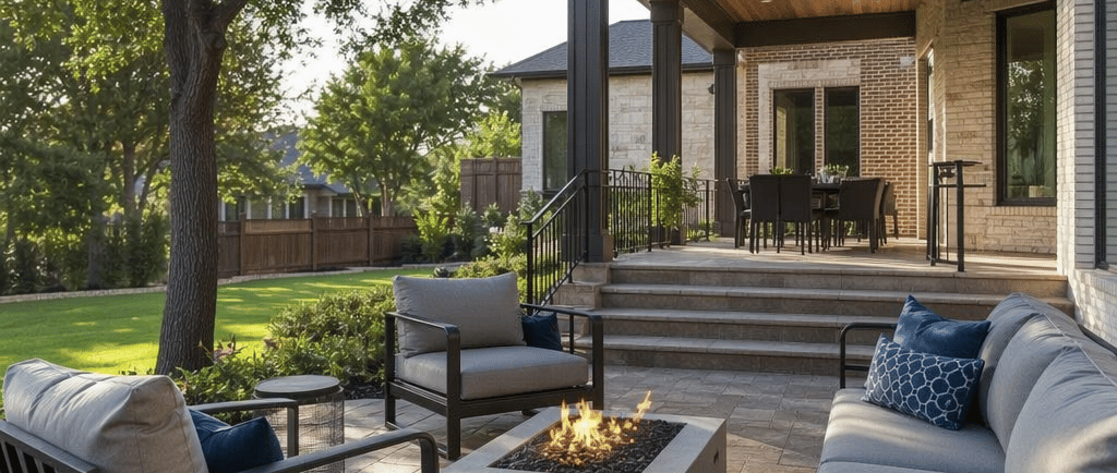 Backyard brick home with a curved paver patio featuring two cushioned lounge chairs, a low seat wall, and a square gas fire pit in a fenced Texas-style suburban yard