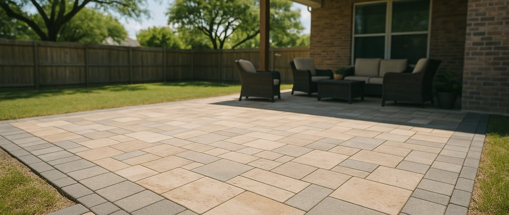 Light-colored paver patio in a North Texas backyard with dining space and partial shade for Texas summer heat