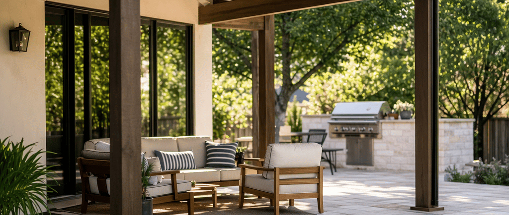 Custom covered patio and seating area behind a brick home in Forney, Texas with a practical outdoor living layout