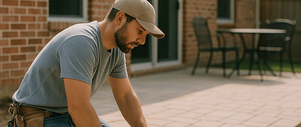 Contractor reviewing a backyard patio plan with homeowners at a brick house in Forney Texas before patio construction