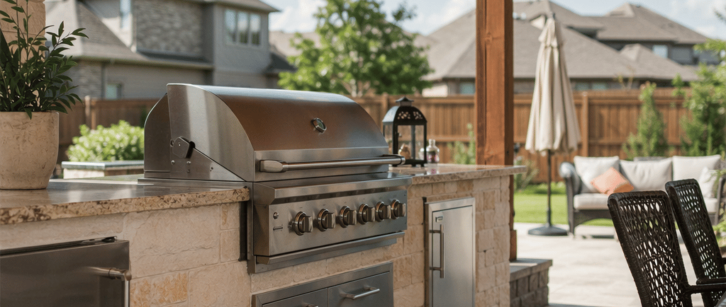 Built-in outdoor kitchen on a covered brick patio with a stainless steel grill, stone base, light countertops, and a sink beside a backyard lawn