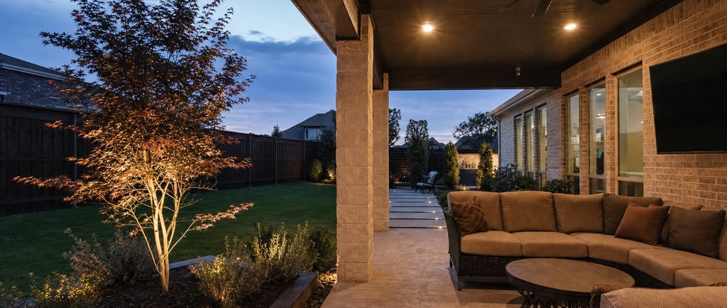 Warm low-voltage outdoor lighting along a North Texas patio and stone walkway