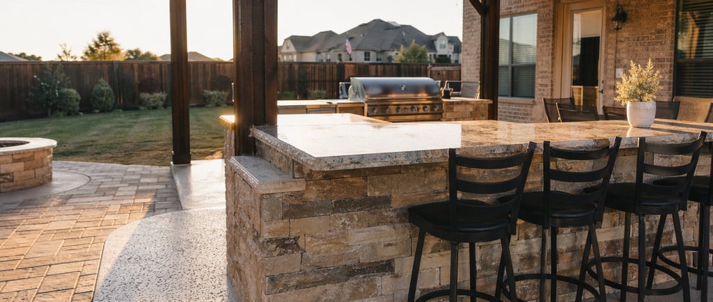 Covered patio and open patio extension behind a brick home in Forney, Texas with a shaded sitting area and practical outdoor living layout