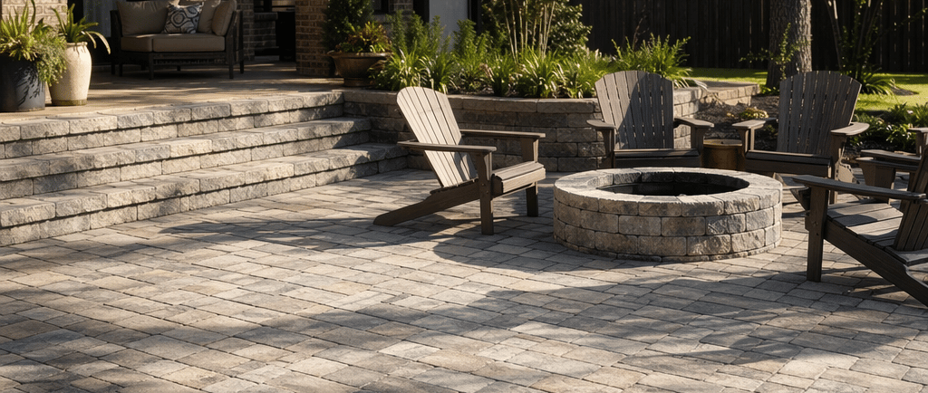 Backyard paver patio with gray stone border and outdoor seating beside a brick home in a fenced suburban yard
