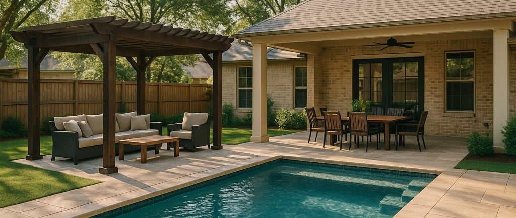 Texas backyard with a pergola lounge area and covered patio dining space behind a brick home