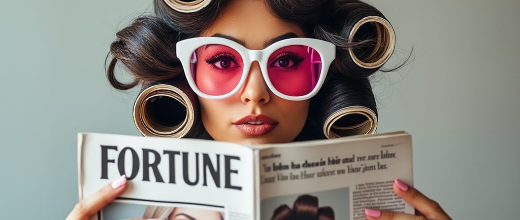 a woman with curl curlers on her face and a magazine in her hands