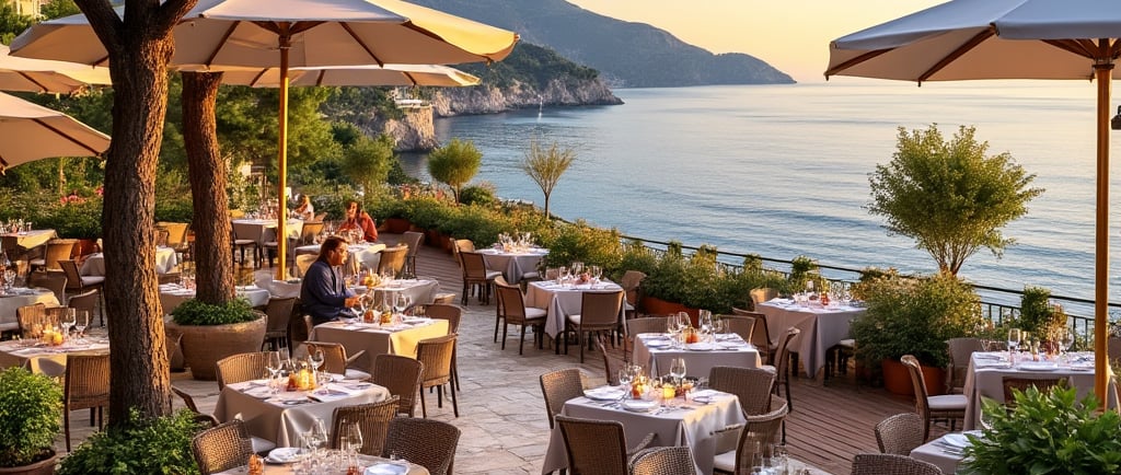 a restaurant with tables and umbrellas on a sunny day in Nice