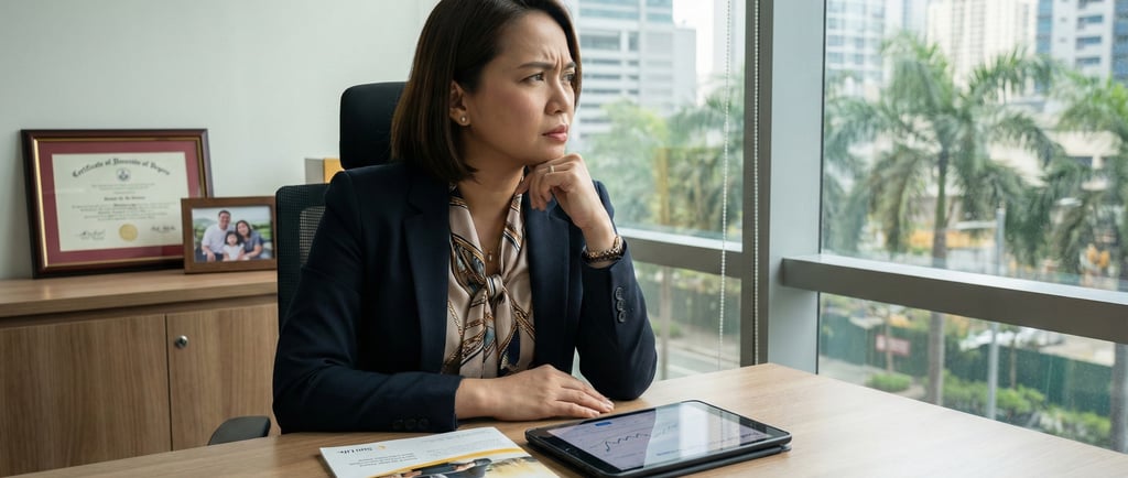 Filipino financial advisor assessing VUL fund performance at her office