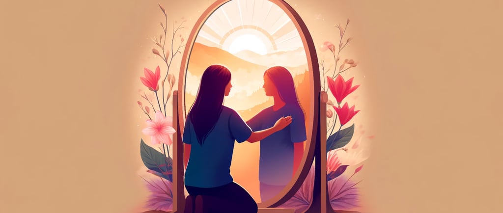 Illustration of a person standing before a mirror, witnessing a transformation towards self-love. 