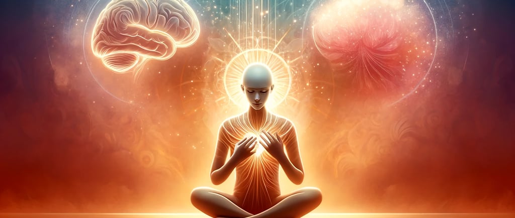  individual meditating, with a radiant brain and heart, embodying the science and serenity self-love