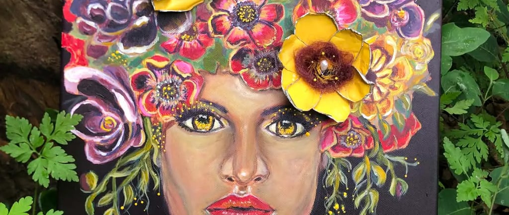 Mixed media portrait painting of a woman with 3D floral crown in a garden setting.