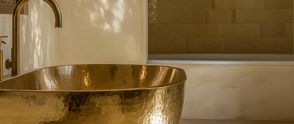 Salle de bain élégante avec baignoire centrale en cuivre doré et robinetterie artisanale marocaine.