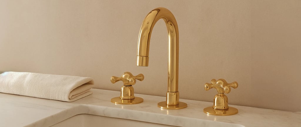 Robinet artisanal en cuivre massif doré pour salle de bain, design élégant avec  vasque blanche.