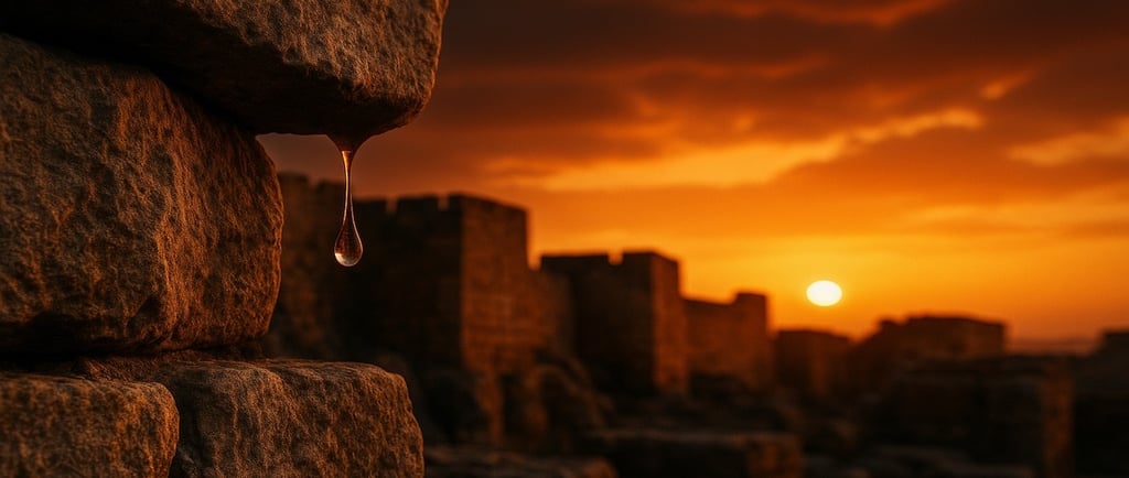 A tear-shaped droplet hangs from ancient Jerusalem stone walls at sunset, symbolizing Jesus weeping and fulfilled prophecy.