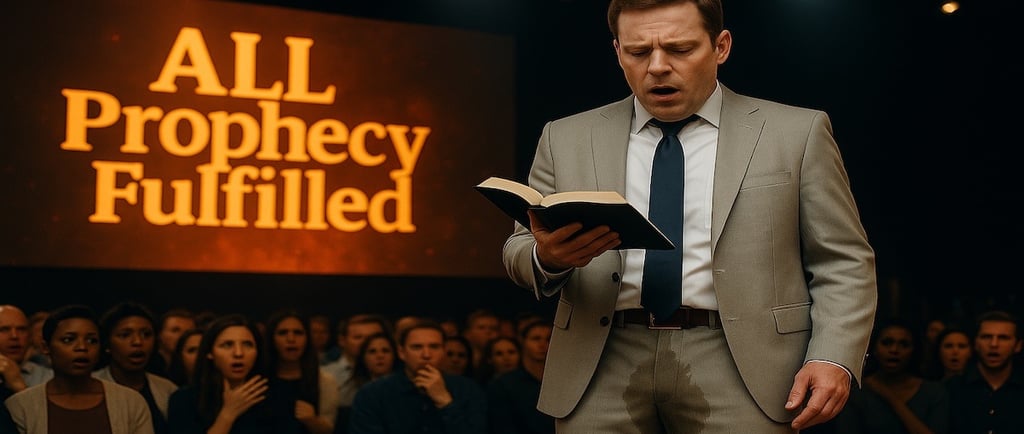 Modern preacher with wet pants reading Luke 21:22 as all prophecy fulfilled flashes on screen, congregation shocked in church