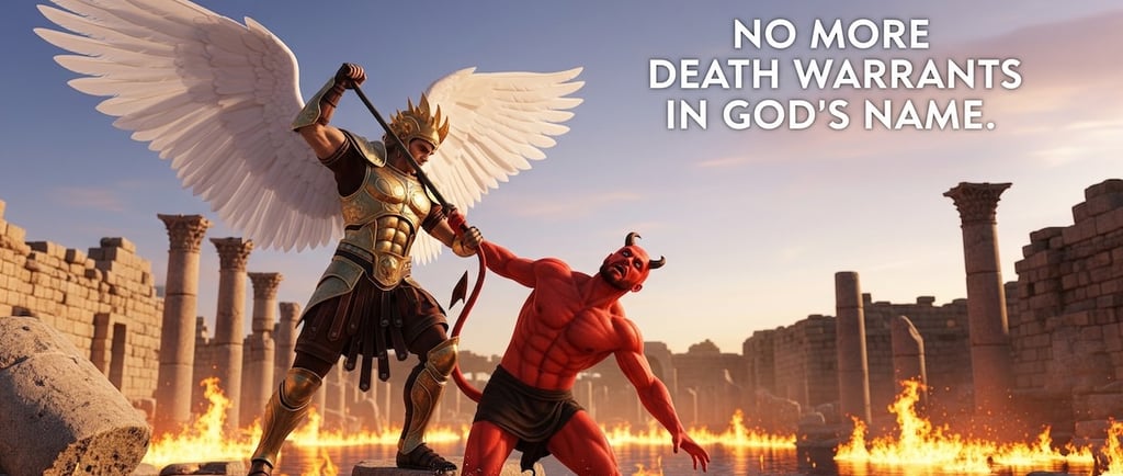 Angel casting devil into lake of fire, Jerusalem ruins in background, symbolizing end of old covenant.