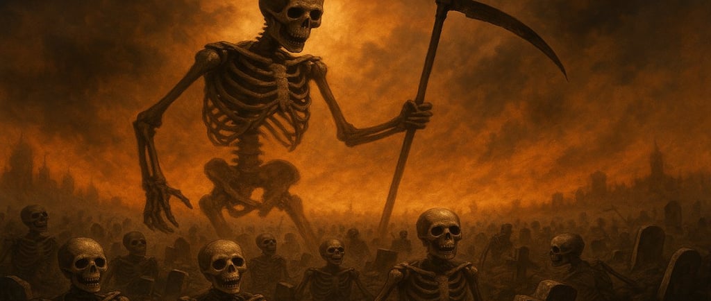 Fiery graveyard with skeletons rising from the dead under an apocalyptic sky, symbolizing the resurrection and judgment.