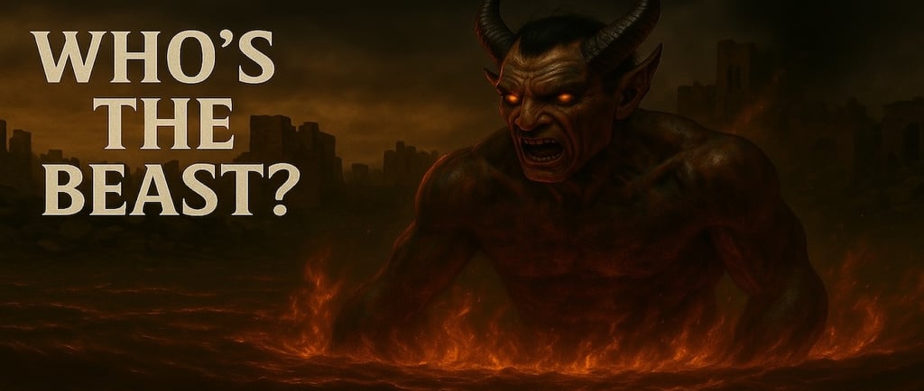Who's the Beast of Revelation? Illustration of horned beast rising from fire, ancient ruins, 666, Rome, Nero, Bible prophecy