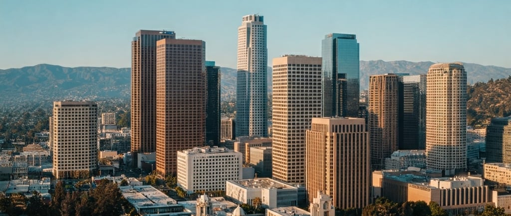 Skyline of downtown Los Angeles, featuring high-rise buildings with mountains in the background..
