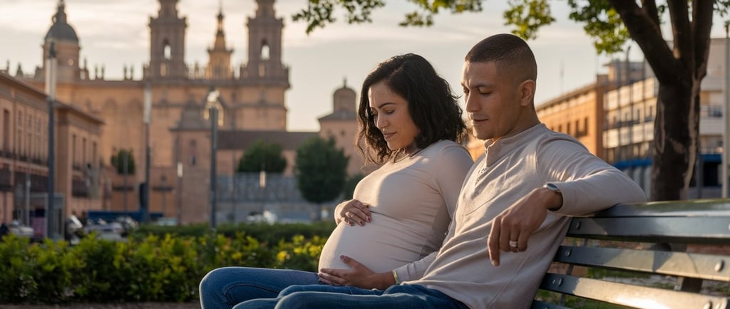 a pregnant couple sitting on a bench in a park