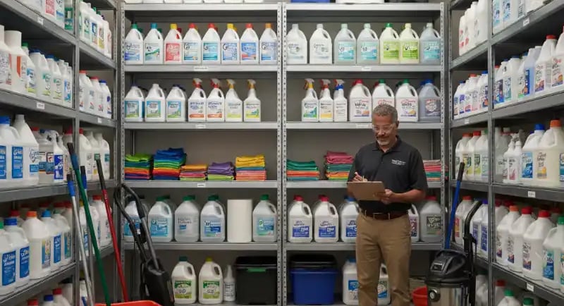 A janitorial supply storage room with shelves of cleaning products and a worker checking inventory on a clipboard