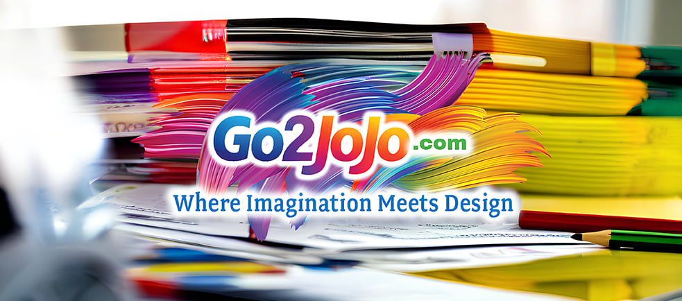 Go2Jojo graphic design logo with colorful paint strokes over a creative workspace with files and pencils.