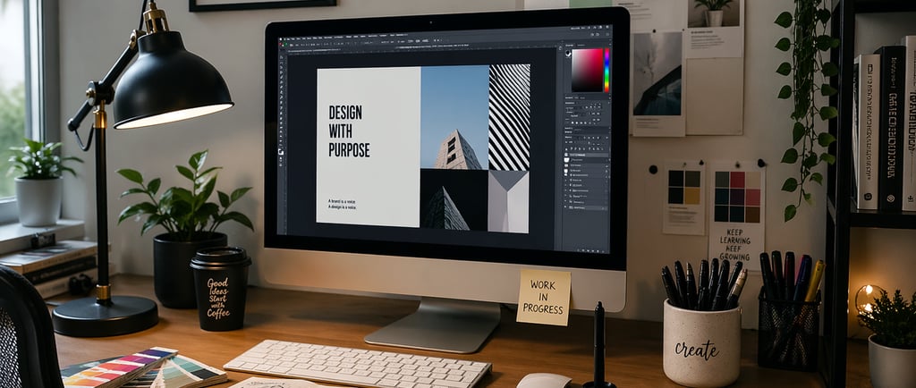 Graphic designer workspace with an iMac, digital drawing tablet, and logo design books on a wooden desk.