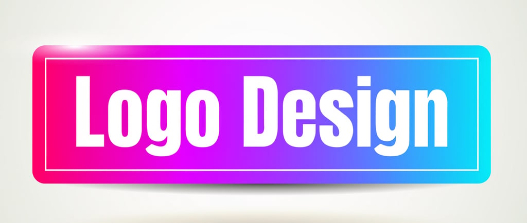 Professional logo design text on a vibrant pink and blue gradient banner.