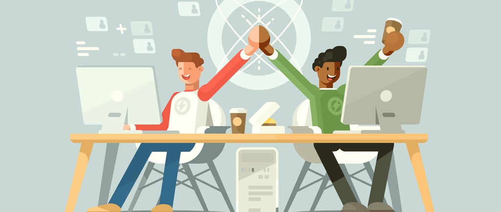 happy office with 2 colleagues celebrating project success